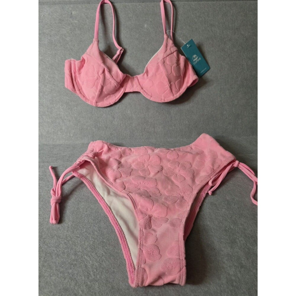 CUPSHE Pink Textured Floral Underwire Side Tie Bikini Set Size S NWT